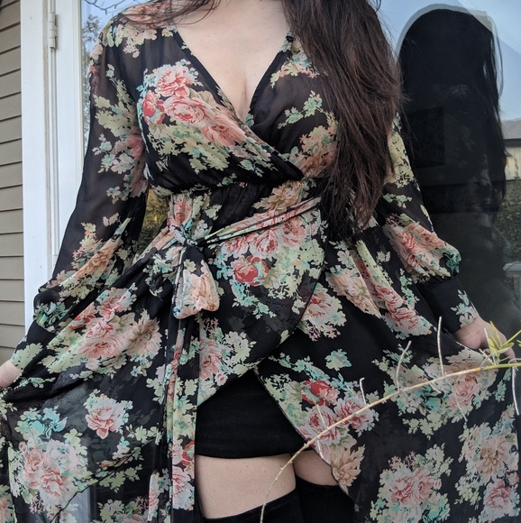 Forever 21 Other - Sheer Black & Pink Floral Cover-up/Dress